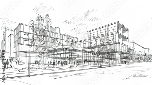 Black and White Urban Building Outline - a minimalist and striking visual. The monochromatic drawing highlights the architectural elegance and outlines the urban landscape in a bold manner.