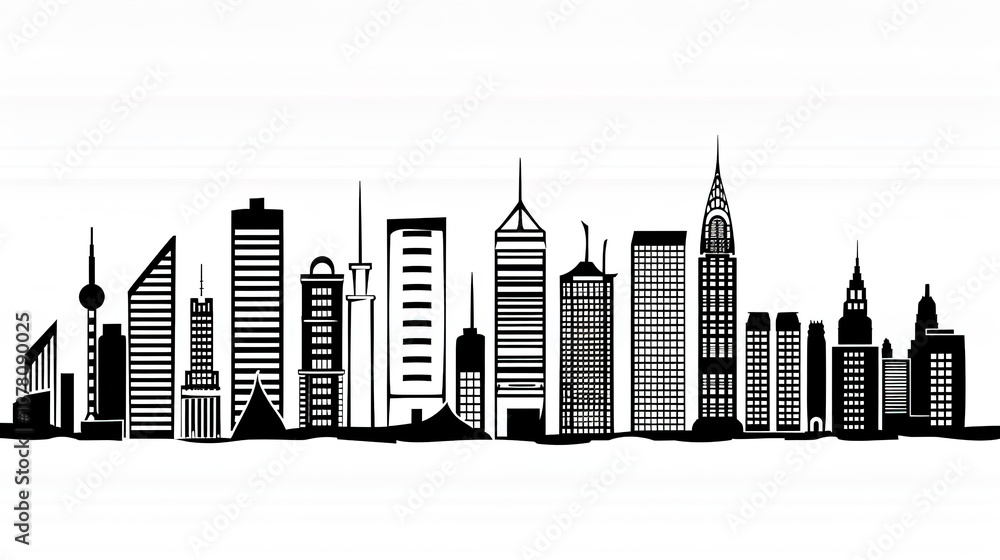 Naklejka premium Black and White Urban Building Outline - a minimalist and striking visual. The monochromatic drawing highlights the architectural elegance and outlines the urban landscape in a bold manner.