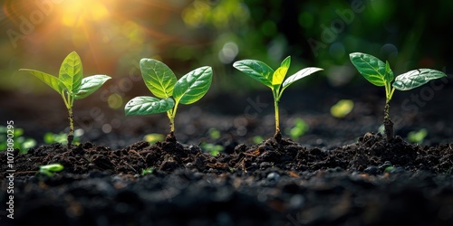 Four Green Seedlings Emerging From Dark Soil