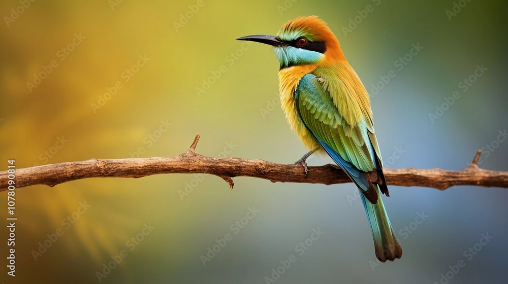 A vibrant bird perched on a branch against a blurred colorful background. A vibrant bird perched on a branch against a blurred colorful background.