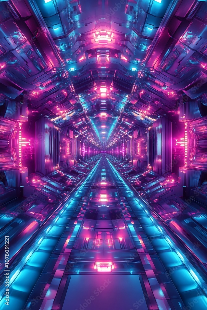 Obraz premium Futuristic Corridor of Vibrant Neon Lights and Prismatic Symmetry