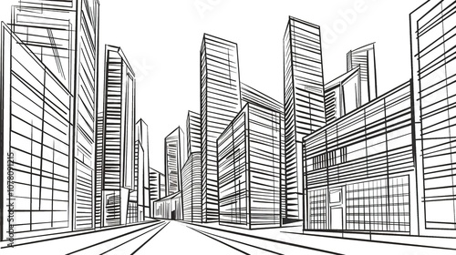 Black and White Urban Building Outline - a minimalist and striking visual. The monochromatic drawing highlights the architectural elegance and outlines the urban landscape in a bold manner. photo