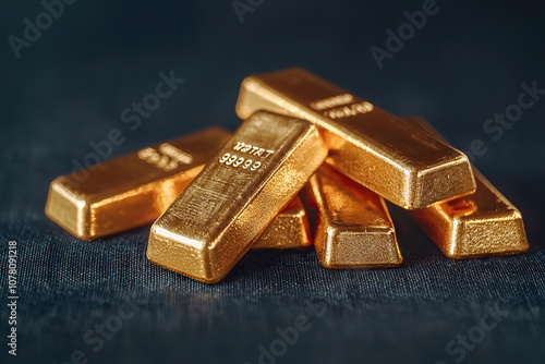 Shiny gold bars stacked on dark background, symbolizing wealth and luxury. gleaming surface reflects light, enhancing their allure and value photo