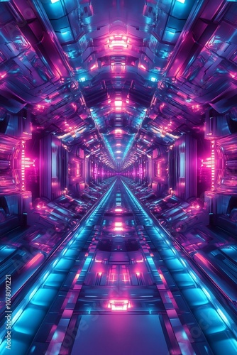 Fototapeta Naklejka Na Ścianę i Meble -  Futuristic Corridor of Vibrant Neon Lights and Prismatic Symmetry