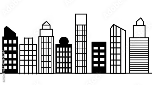 Black and White Urban Building Outline - a minimalist and striking visual. The monochromatic drawing highlights the architectural elegance and outlines the urban landscape in a bold manner. photo