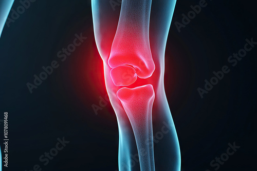 X ray of knee joint showing inflammation with red highlights, illustrating pain and discomfort in area. This emphasizes importance of joint health and medical imaging