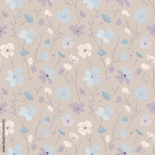 Seamless floral pattern, soft pastel colors, elegant design for fabric, packaging, and wallpaper, copy space