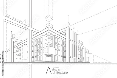 3D illustration Imagination Outline drawings of Abstract Modern Urban Buildings.