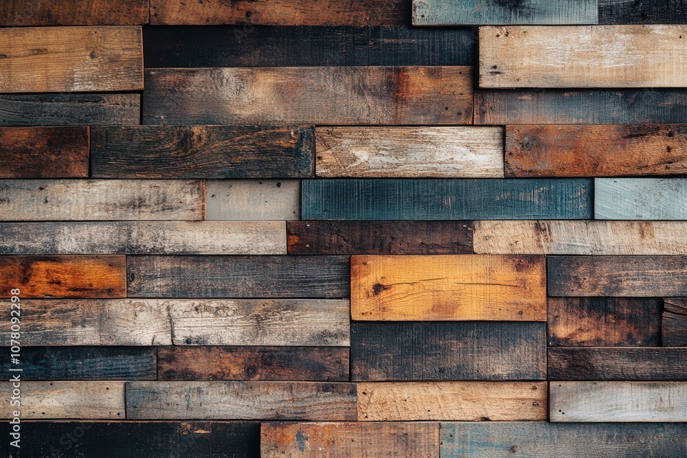 A Wall of Reclaimed Wooden Planks with Varying Colors and Textures A Wall of Reclaimed Wooden Planks with Varying Colors and Textures