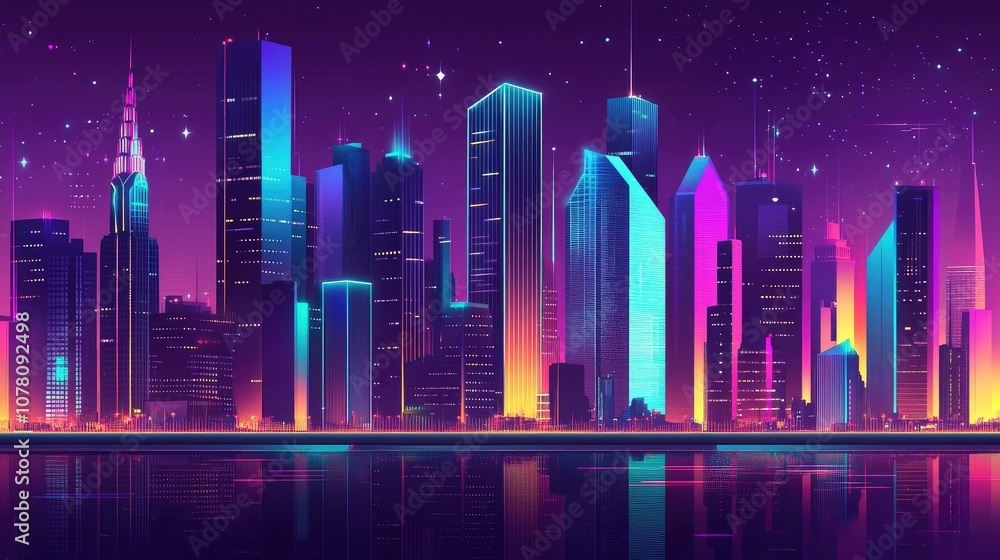 Vibrant Nighttime Cityscape with Colorful Skyscrapers, Bright Neon Lights, and Starry Sky Reflected on Calm Water Surface in a Futuristic Urban Environment Vibrant Nighttime Cityscape with Colorful Skyscrapers, Bright Neon Lights, and Starry Sky Reflected on Calm Water Surface in a Futuristic Urban Environment