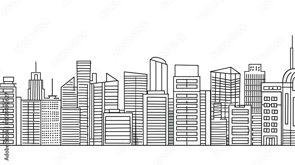 Obraz premium Black and White Urban Building Outline - a minimalist and striking visual. The monochromatic drawing highlights the architectural elegance and outlines the urban landscape in a bold manner.