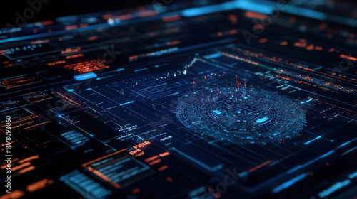 High tech financial analytics dashboard with data visualization elements, showcasing intricate graphs and metrics in futuristic design