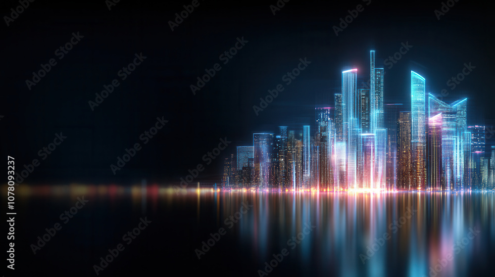 Fototapeta premium Futuristic city skyline with glowing skyscrapers reflecting on water, showcasing advanced architecture and vibrant lights