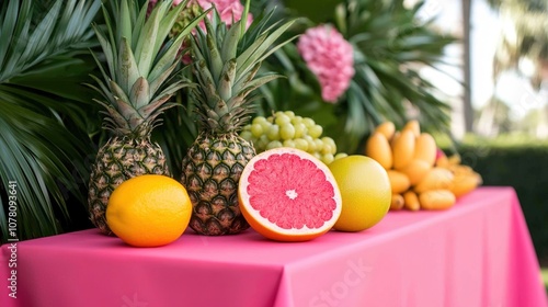 Tropical Fruit Display on a Bright Pink Tablecloth Surrounded by Lush Greenery, Featuring Pineapples, Grapefruit, Oranges, Grapes, and Bananas in a Vibrant Setting