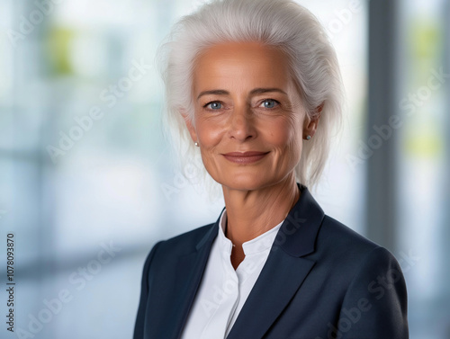 Executive headshot of a woman in her 60s wearing a tailored blazer