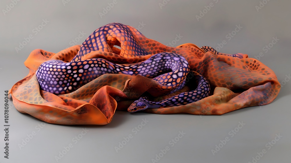 Obraz premium On a grey backdrop an orange shawl with purple snake spots wraps around it