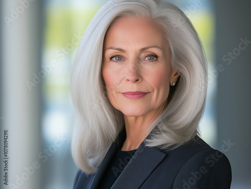 Executive headshot of a woman in her 60s wearing a tailored blazer