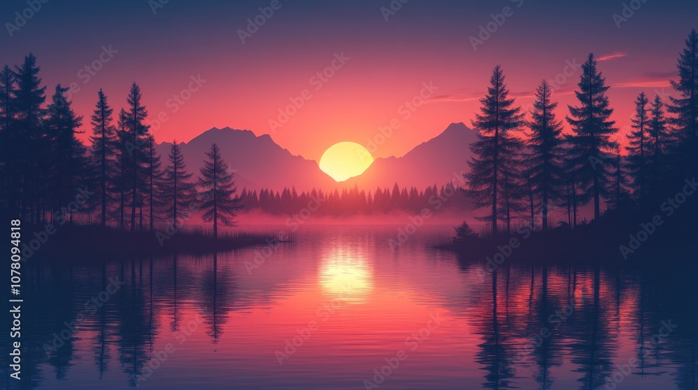 Fototapeta premium A vibrant sunset over a tranquil lake, with tall pine trees silhouetted against the fiery sky, and the reflection of the sun on the water.