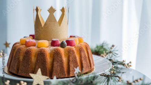 Rosca de Reyes cake adorned with gold paper crown, bright candied fruits. Three Kings Day, Epiphany. Feliz Dia de Reyes photo