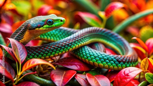 Colorful snake blending in with vibrant red and green foliage , reptile, serpent, nature, camouflage, exotic, tropical, wild