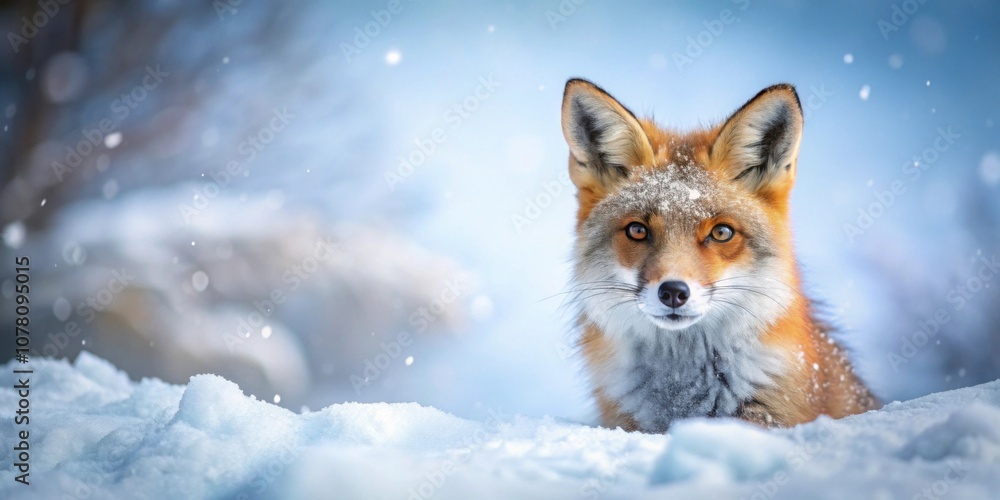 Obraz premium Cute fox covered in snow , Fox, animal, winter, snow, cute, fluffy, fur, wildlife, nature, cold, season, outdoor, woodland, adorable