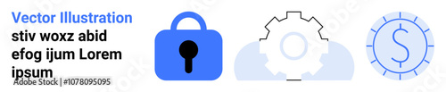 Padlock representing security, gear symbolizing settings or configuration, and a dollar sign indicating financial or economic aspects. Ideal for technology, finance, cybersecurity, business