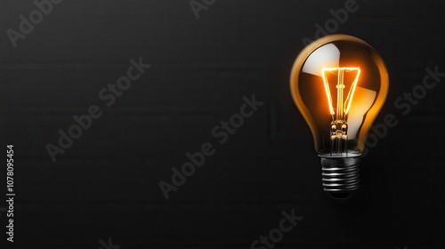 glowing lightbulb illuminates solid black background, creating striking contrast. warm glow adds cozy ambiance to scene, perfect for various design themes