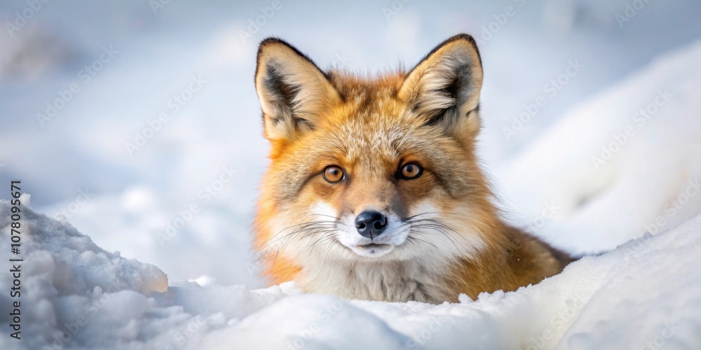 Fototapeta premium Cute fox covered in snow, looking curious and playful, winter, animal, wildlife, adorable, furry, white, cold, nature, mammal