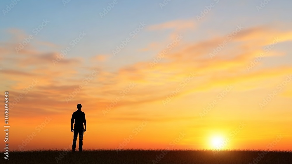 Silhouette of a Man Standing in a Grassy Field Against a Colorful Sunset Background, Evoking Feelings of Peace, Reflection, and Serenity in Nature Silhouette of a Man Standing in a Grassy Field Against a Colorful Sunset Background, Evoking Feelings of Peace, Reflection, and Serenity in Nature