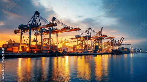 A busy container port at sunset with cranes and ships.