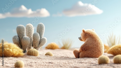 A brown bear navigating a desert landscape with cacti and an oasis, contrasting its typical habitat with an arid environment. photo