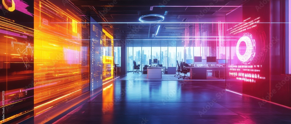Modern office space with digital elements and city skyline view. Modern office space with digital elements and city skyline view.