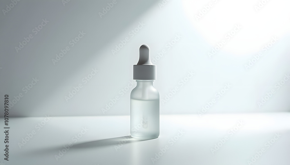 Clear glass dropper bottle with white lid on minimalistic background with light and shadows Clear glass dropper bottle with white lid on minimalistic background with light and shadows