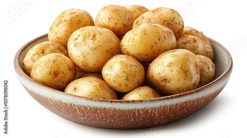 Canadian style potatoes on ceramic plate and white background.