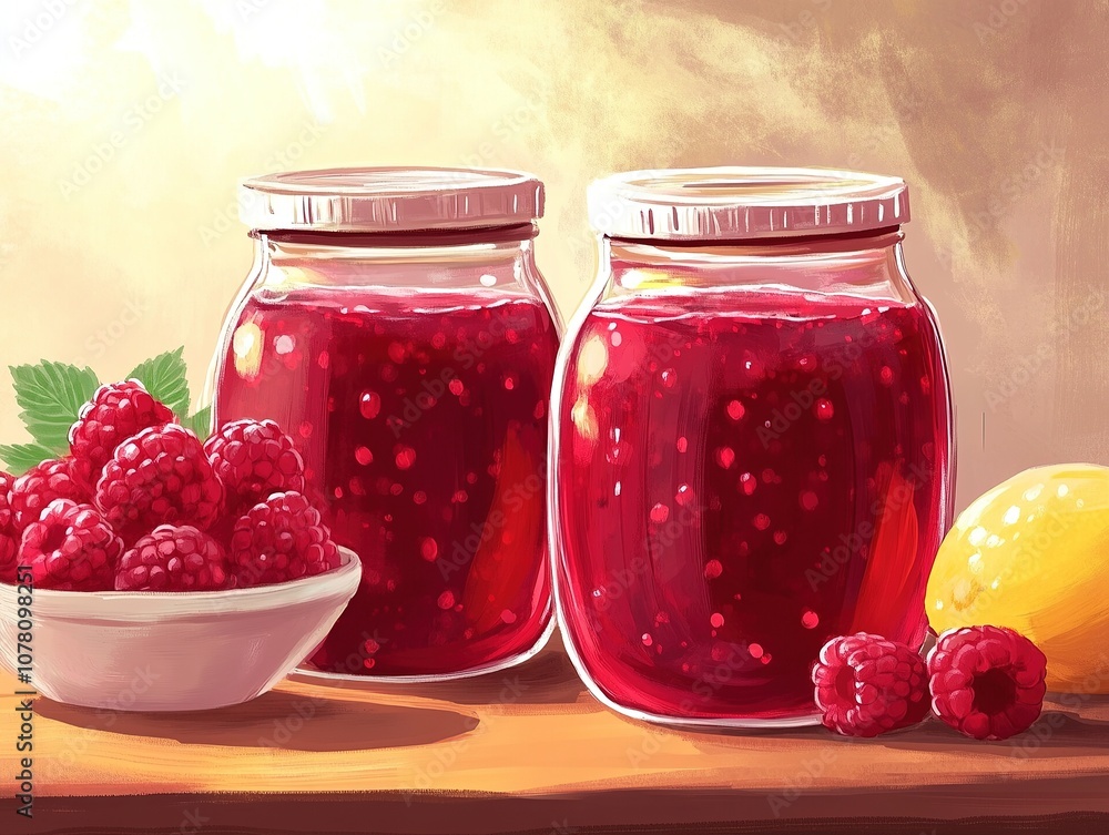 Illustrated Raspberry Jam Jars with Fresh Berries and Lemon. Illustrated Raspberry Jam Jars with Fresh Berries and Lemon.