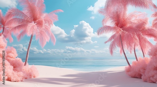 A serene beach scene with pink palm trees and a tranquil ocean under a bright sky.