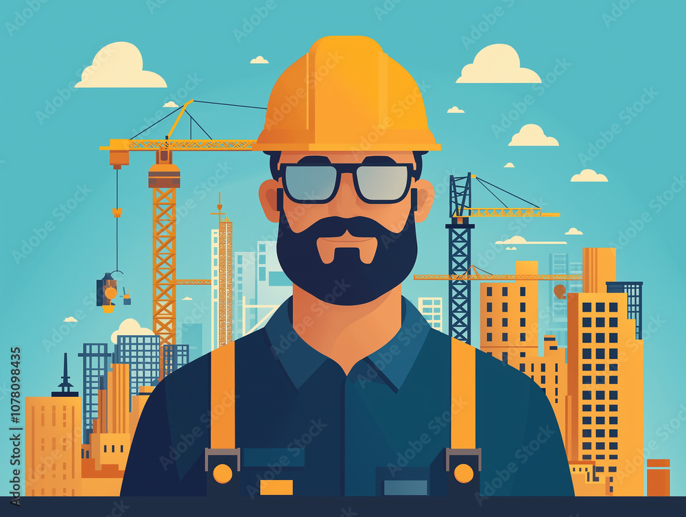 Construction Worker Portrait: A bearded construction worker in a yellow hardhat, against a backdrop of a cityscape under construction. Illustrative style. Construction Worker Portrait: A bearded construction worker in a yellow hardhat, against a backdrop of a cityscape under construction. Illustrative style.