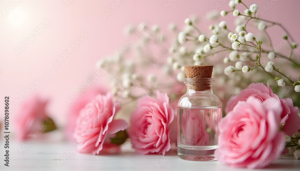Essential oil bottle with cork surrounded by pink roses and delicate white flowers on soft background Essential oil bottle with cork surrounded by pink roses and delicate white flowers on soft background