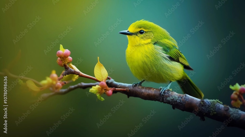 Obraz premium A vibrant green bird perched on a branch with budding flowers, showcasing nature's beauty.