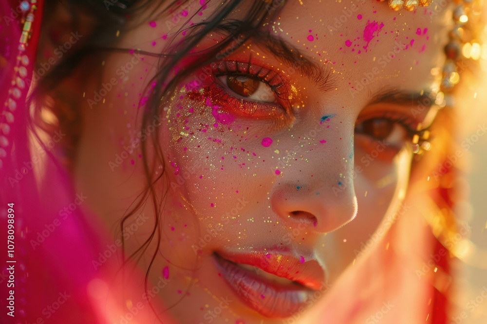 A close-up portrait of a woman with colorful glitter and paint on her face. AI. A close-up portrait of a woman with colorful glitter and paint on her face. AI.
