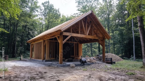 Wooden house frame under construction showing building techniques