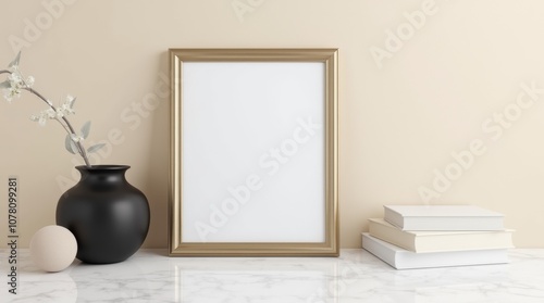 Minimalist Decor with Blank Frame and Vase on Marble Surface