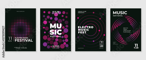 Music poster design background vector set. Electro Sound Cover template with vibrant abstract gradient geometric shape and line wave. Ideal design for social media, flyer, party, music festival, club.