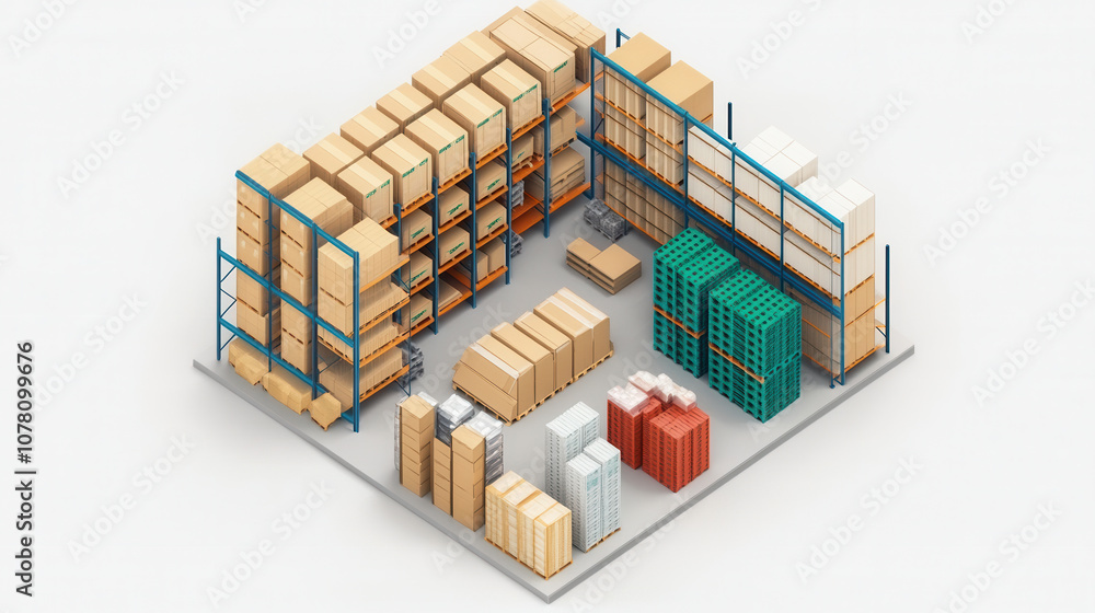 Naklejka premium Efficient warehouse layout with shelves, pallets, and boxes organized neatly. This top view showcases well structured storage area, ideal for inventory management