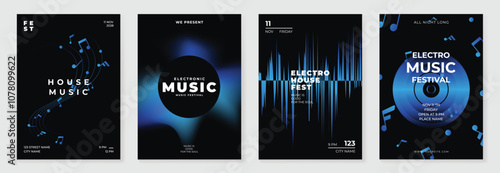 Music poster design background vector set. Electro Sound Cover template with vibrant abstract gradient geometric shape and line wave. Ideal design for social media, flyer, party, music festival, club.
