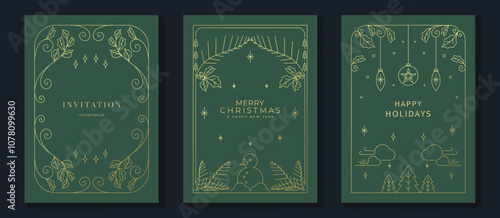 Luxury christmas invitation card art deco design vector. Christmas tree, star, bauble ball, holly gold line art on green background. Design illustration for holidays cover, season's greeting poster.