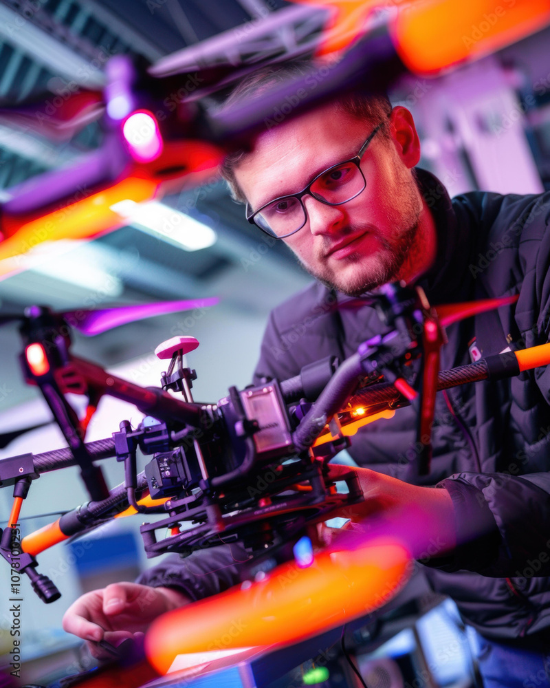 A man carefully inspects a drone, focusing on its intricate details. AI. A man carefully inspects a drone, focusing on its intricate details. AI.