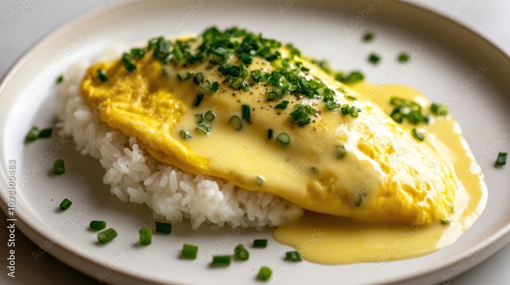Delicious Creamy Omelette on White Rice Garnished with Fresh Chopped Chives and Drizzled with Rich Sauce, Perfect for Gourmet Food Photography Delicious Creamy Omelette on White Rice Garnished with Fresh Chopped Chives and Drizzled with Rich Sauce, Perfect for Gourmet Food Photography