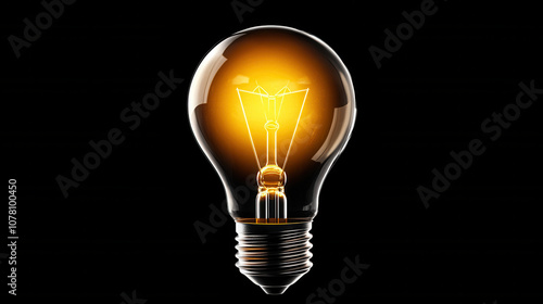 glowing light bulb with warm amber glow, showcasing its filament design against black background, symbolizes innovation and creativity