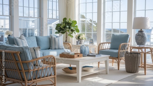 Coastal-Themed Living Room with Ocean Views and Blue Striped Decor